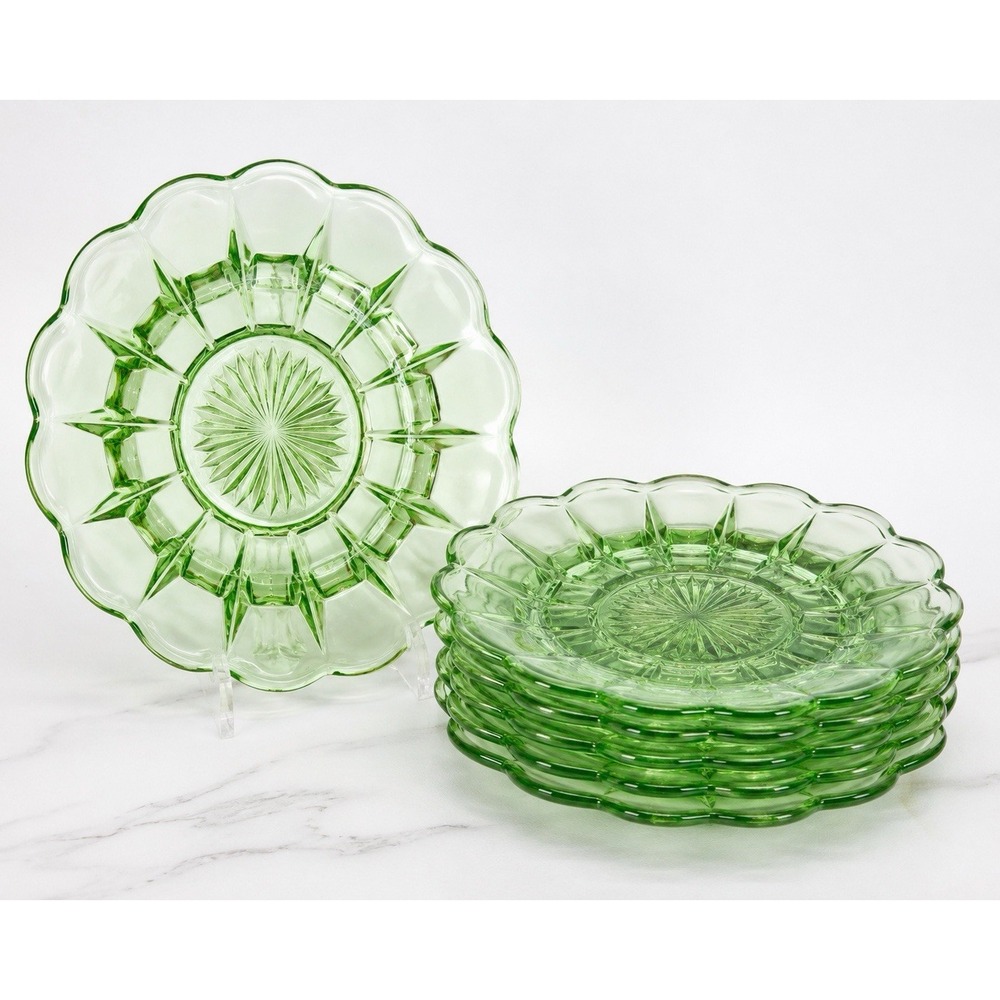 Vintage European Green Uranium Glass Dessert Plates Set of 6 Scalloped Starburst